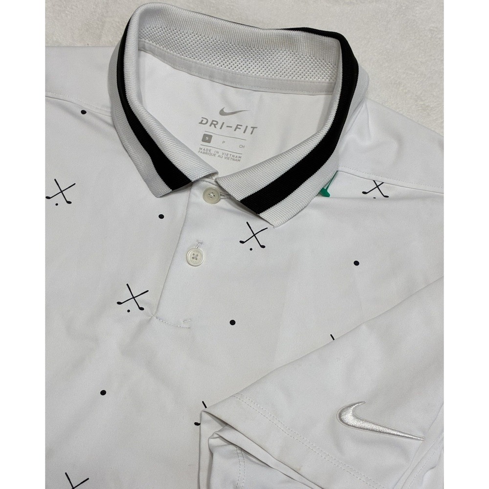 Nike Dri-FIT Golf Polo Shirt White Golf Clubs AOP Print Mens Small